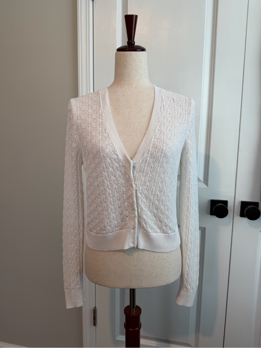 J.Crew Women’s Pointelle Crochet Knit Cardigan Sweater Cropped Sz Medium White